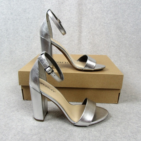 Womens Silver Ankle Strap Heels Shoes - Picture 1 of 6